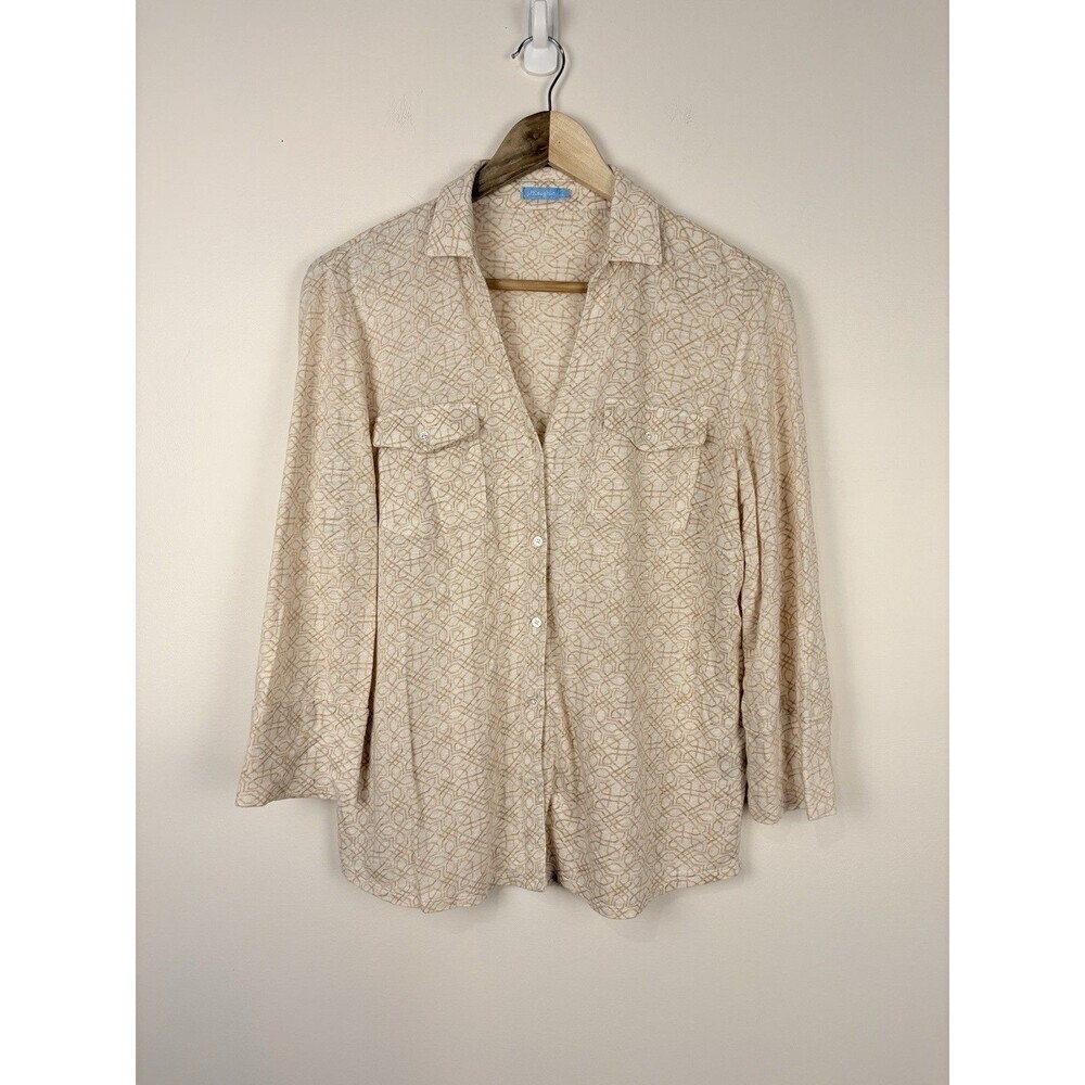 J. McLaughlin Brynn Stretch Linen Button Shirt Blouse Geometric Women’s Large